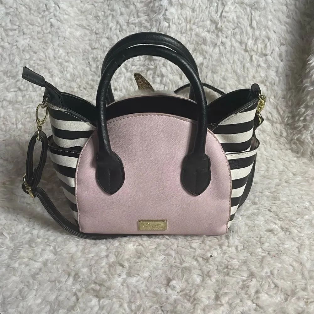 Betsey Johnson unicorn kitty small/crossbody bag  pink,black & white stripes - Picture 2 of 9